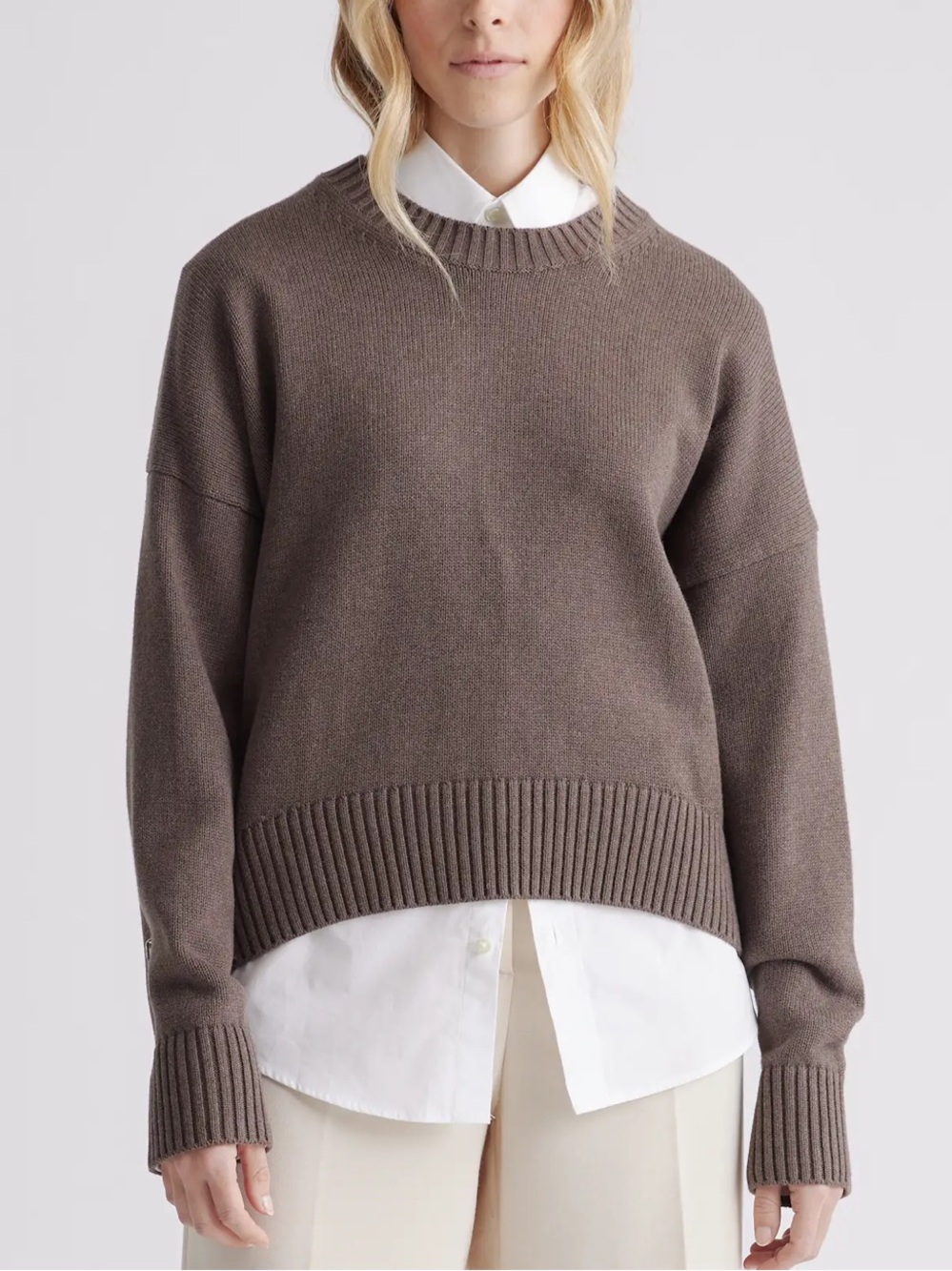 Quince 100% Organic Cotton Boyfriend Crew Sweater Heather Brown Slouchy 2024-M